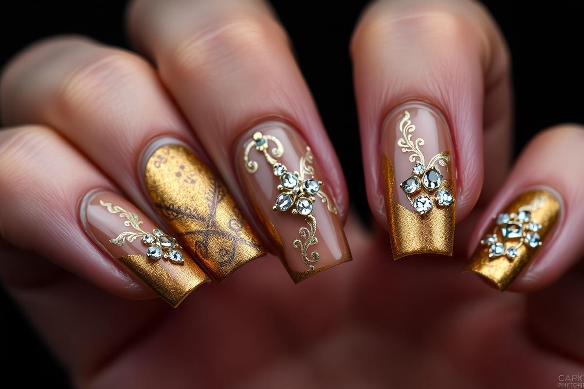 Altın varak ve taş süslemeli nail art tasarımı yapılmış tırnaklar